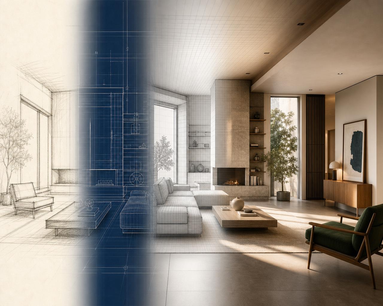 JIWORKS 디자인 프로세스 — 스케치, CAD, 3D 모델링, 렌더링, 완성 공간